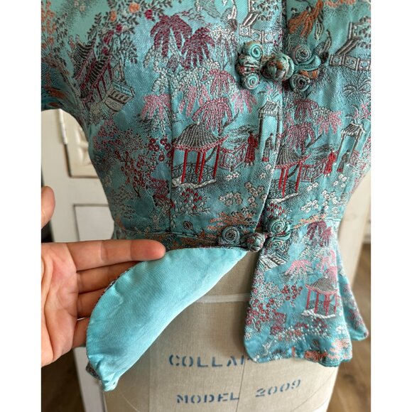 Antique 40s Asian Chinoiserie Cheongsam Silk Peplum Top S - Picture 5 of 6